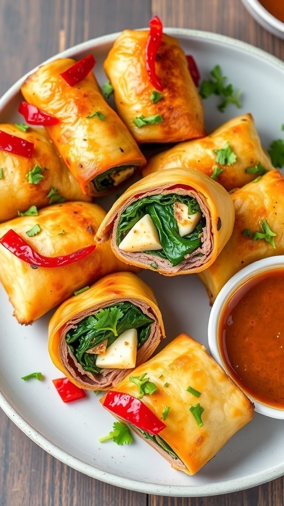 Sliced air fryer steak roll-ups with spinach, cheese, and roasted red peppers on a plate.